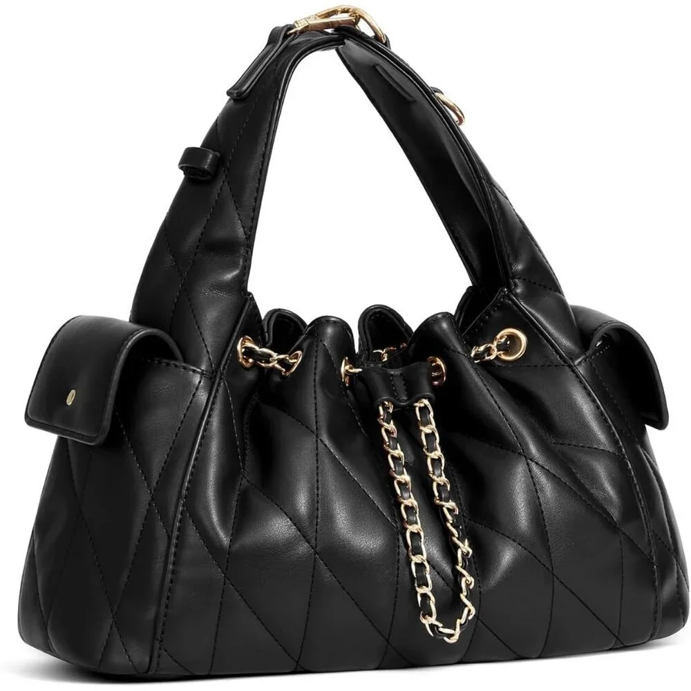 Women Black Crumpled Vegan Leather Quilted Adjustable Strap Shoulder Tote Bag